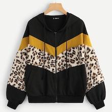 Romwe Contrast Leopard Faux Fur Zip Up Hoodie