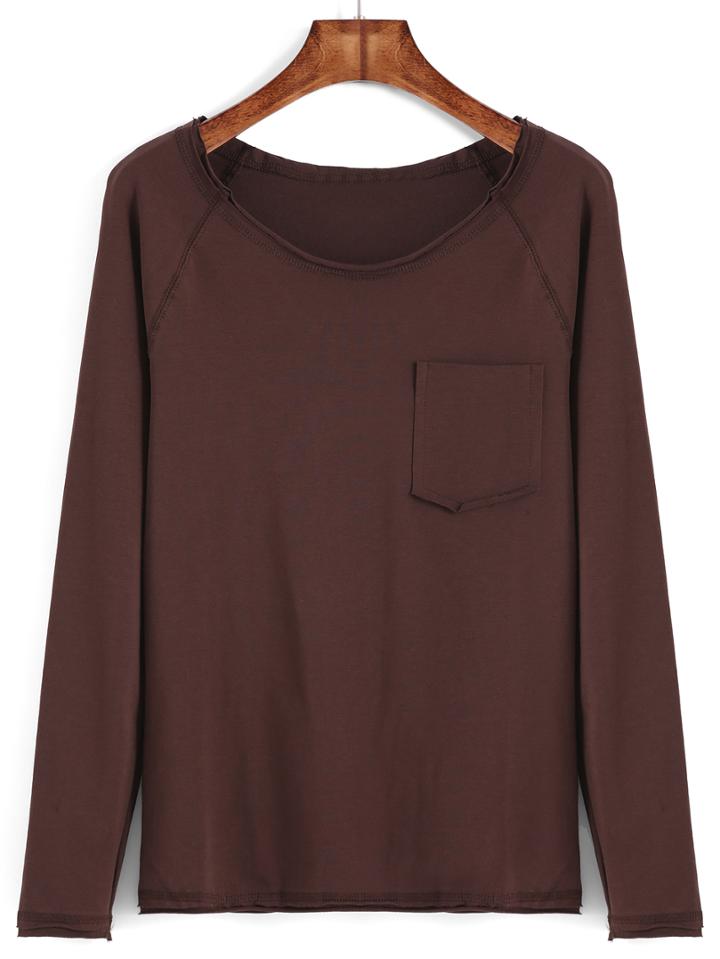Romwe Round Neck Pocket Khaki T-shirt