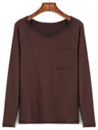 Romwe Round Neck Pocket Khaki T-shirt