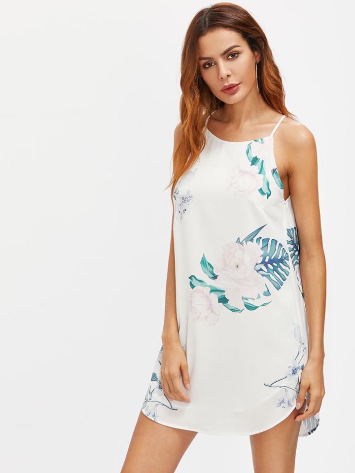 Romwe Flower Print Dolphin Hem Racer Cami Dress