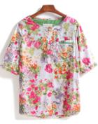 Romwe Short Sleeve With Buttons Pocket Florals Top