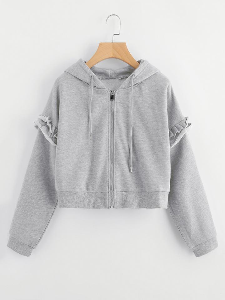 Romwe Frill Trim Drawstring Hooded Jacket