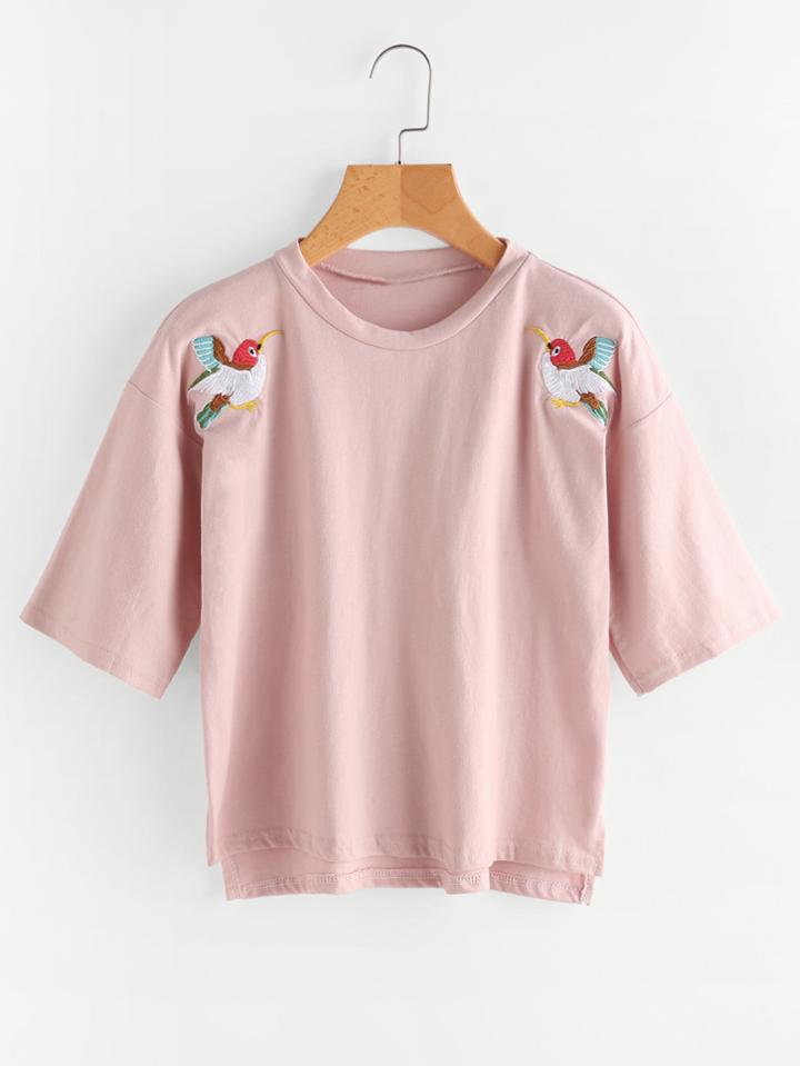Romwe Bird Embroidered Dip Hem Drop Shoulder Tee