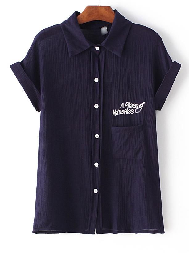 Romwe Navy Roll-up Collar Short Sleeve Embroidered Blouse
