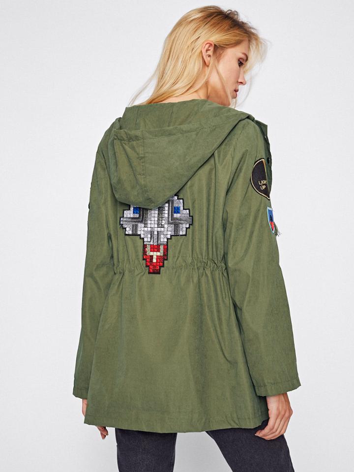 Romwe Drawstring Waist Patch Detail Hooded Coat