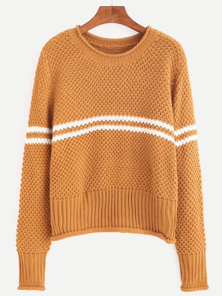 Romwe Khaki Striped Ribbed Trim Sweater