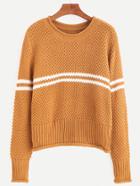 Romwe Khaki Striped Ribbed Trim Sweater