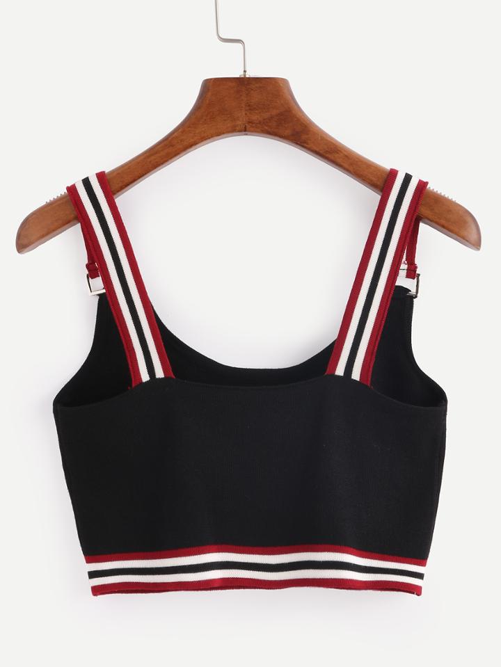 Romwe Black Striped Strap Knitted Crop Top