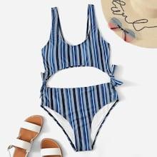 Romwe Striped Cut Out Tie Side One Piece Swimwear