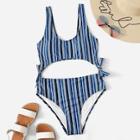 Romwe Striped Cut Out Tie Side One Piece Swimwear