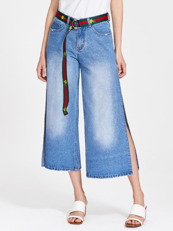 Romwe Flower Embroidery Striped D Ring Belt