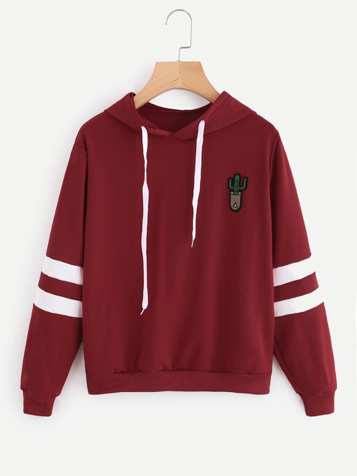 Romwe Cactus Embroidered Patch Varsity Striped Hoodie