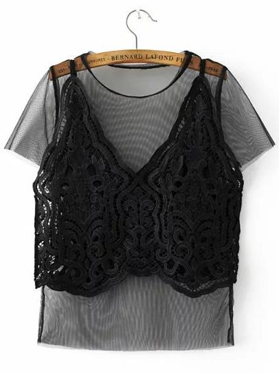 Romwe Black Crochet Cami 2 In 1 Mesh Top