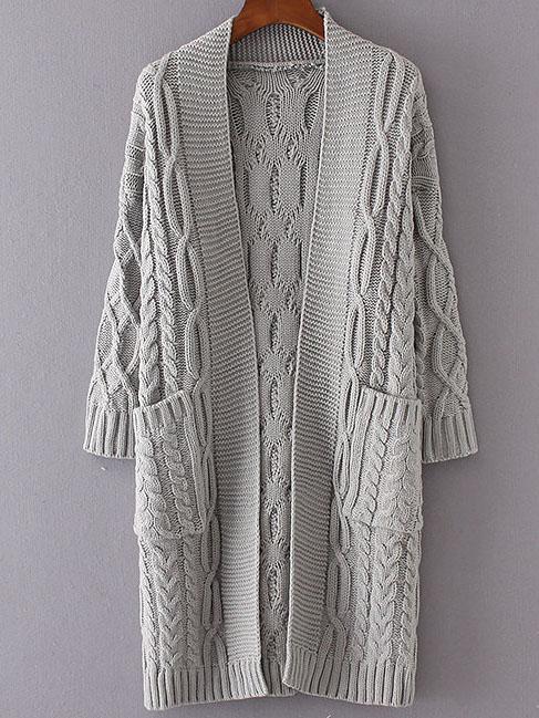 Romwe Grey Drop Shoulder Pocket Cable Knit Long Cardigan