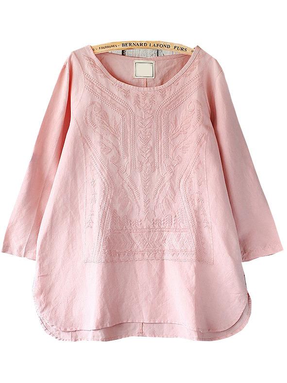 Romwe Pink Geometric Embroidery Dip Hem Blouse
