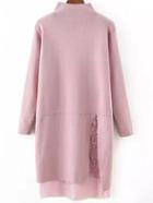 Romwe High Neck Lace Insert Slit Pink Jersey Dress