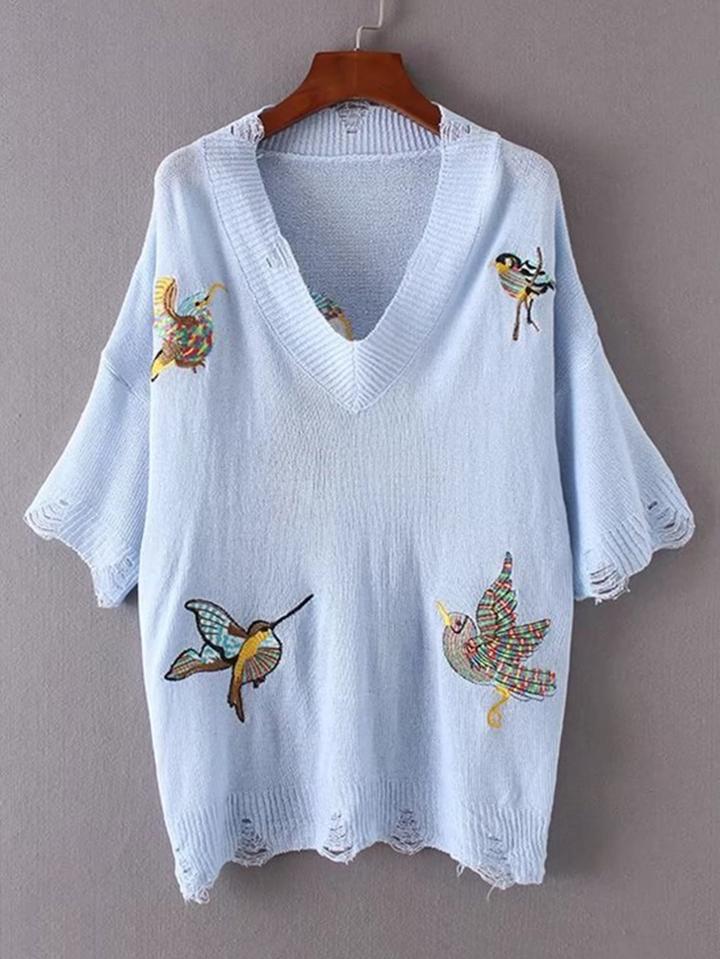 Romwe Bird Embroidery V Neckline Ripped Knitwear