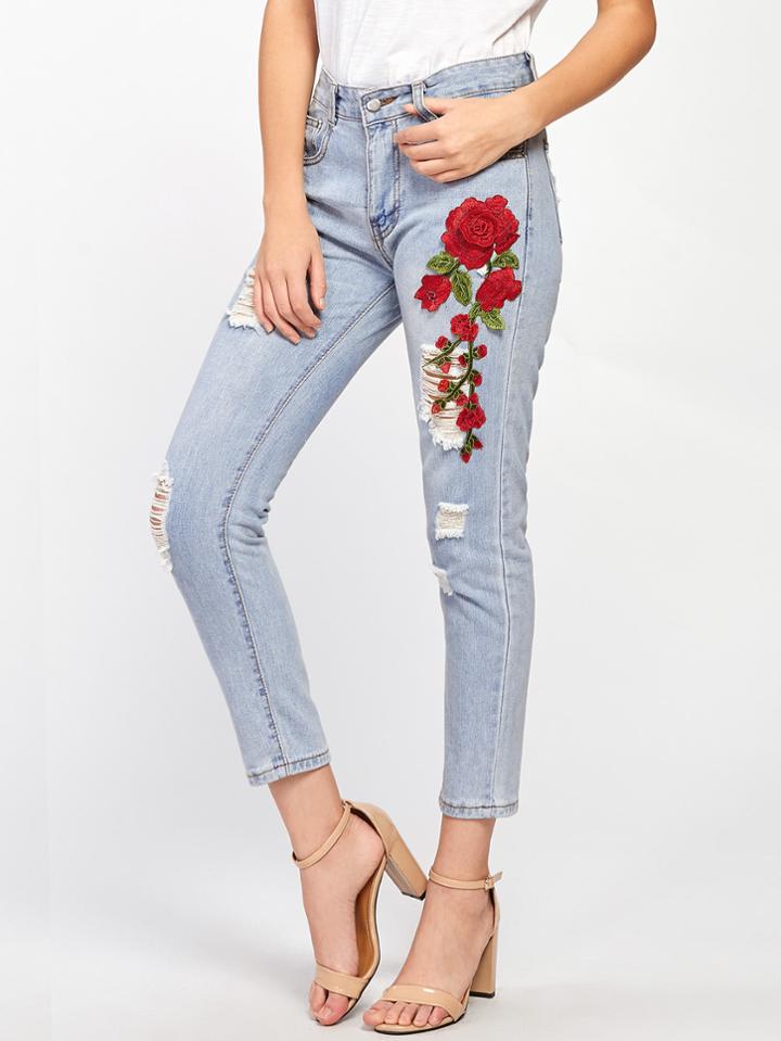 Romwe Rose Applique Ripped Jeans