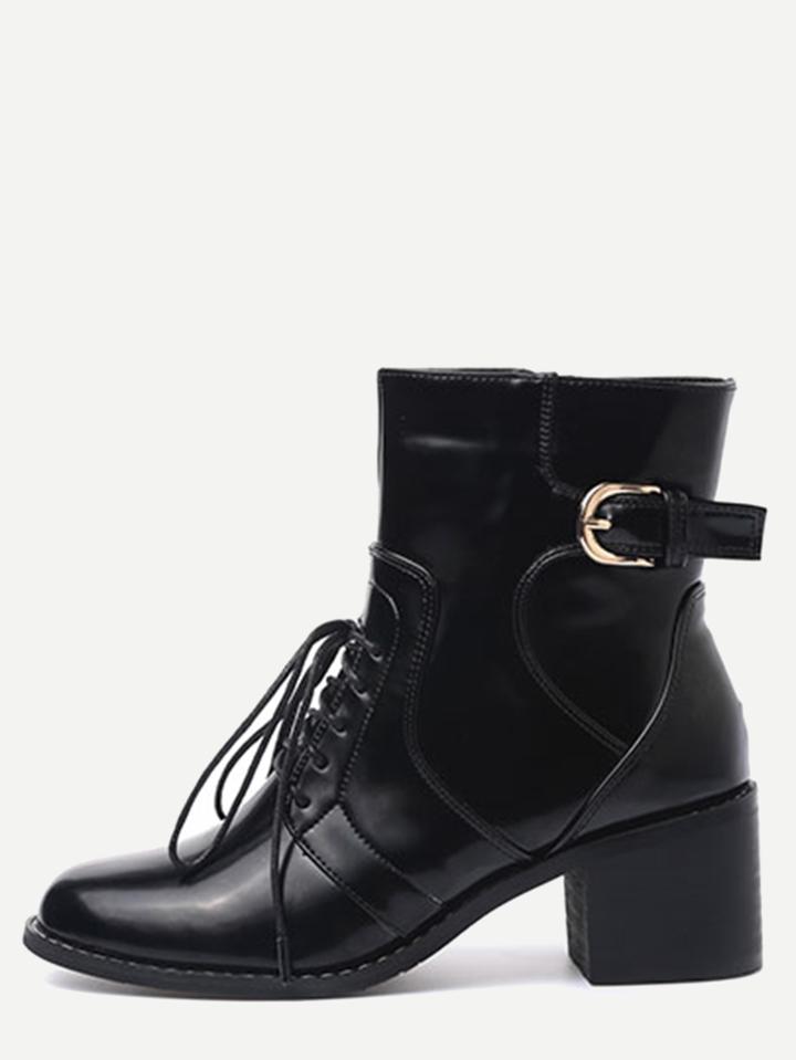 Romwe Black Faux Leather Lace Up Buckle Strap Chunky Heel Short Boots