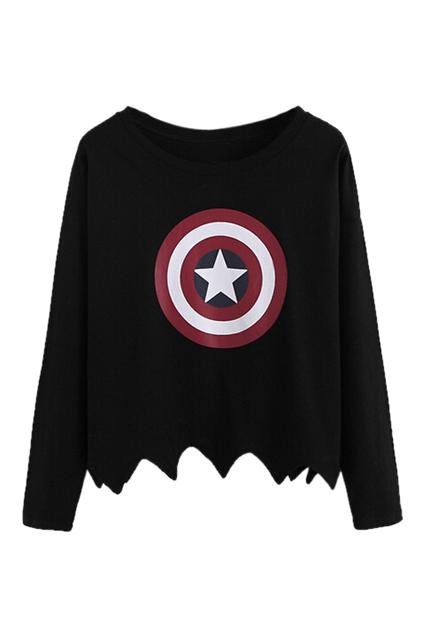Romwe Circle Star Print Picot Edge Black Sweatshirt