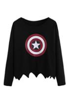 Romwe Circle Star Print Picot Edge Black Sweatshirt
