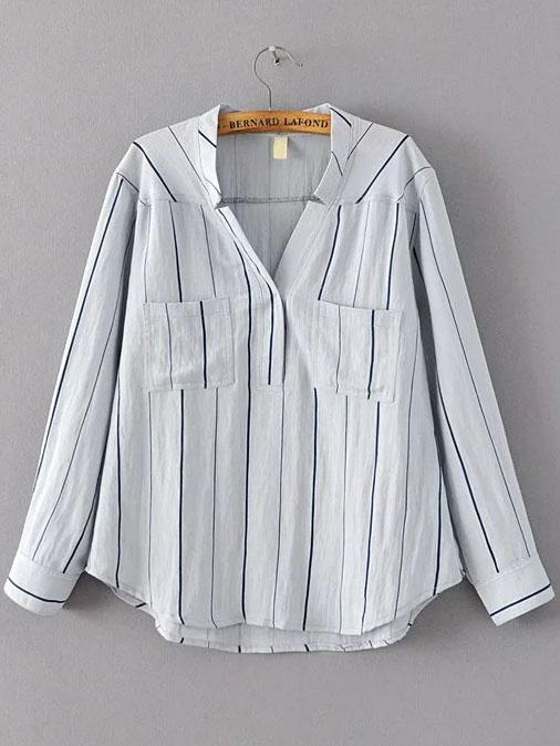 Romwe Light Blue Vertical Striped Dip Hem Blouse