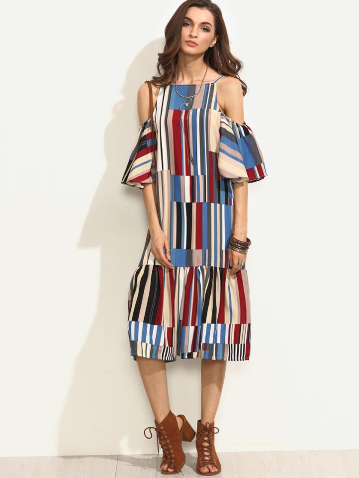 Romwe Colorful Printed Cold Shoulder Ruffle Dress