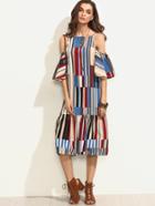 Romwe Colorful Printed Cold Shoulder Ruffle Dress