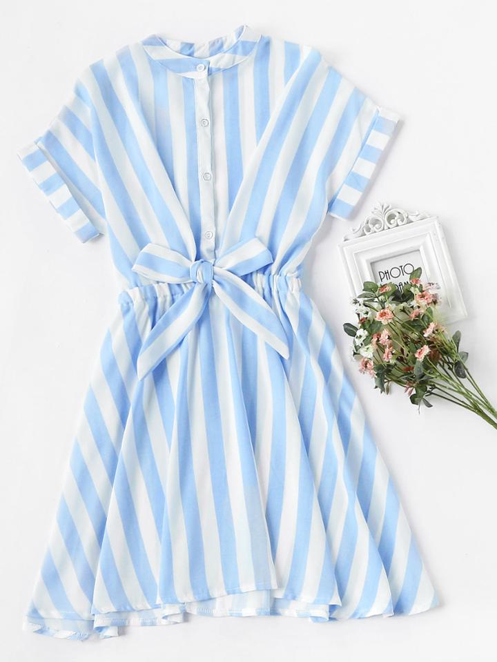 Romwe Striped Rolled Sleeve Umbrella Dress