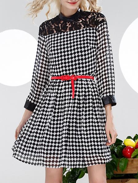 Romwe Black White Check Belted Dress