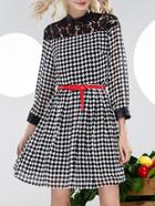 Romwe Black White Check Belted Dress