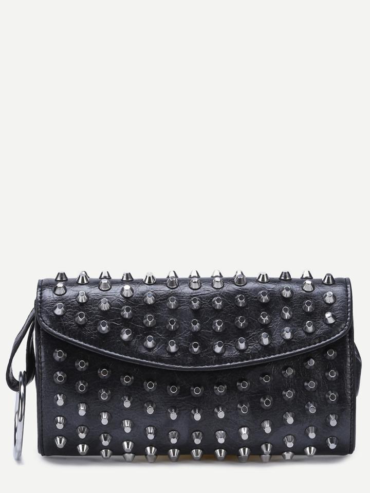 Romwe Black Pu Studded Crossbody Flap Bag