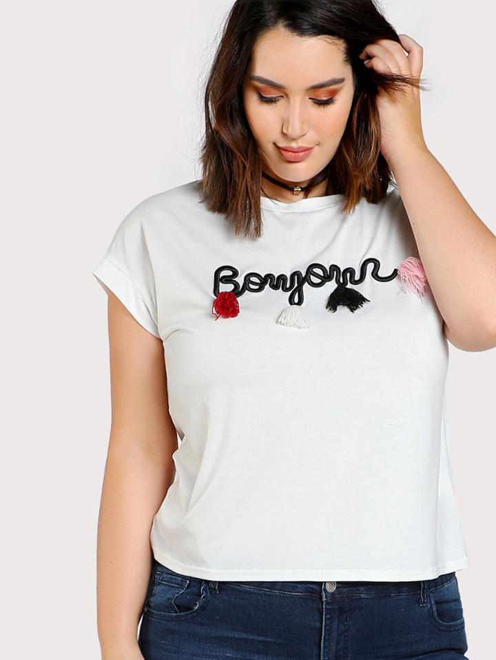 Romwe Tassel Detail Embroidered T-shirt