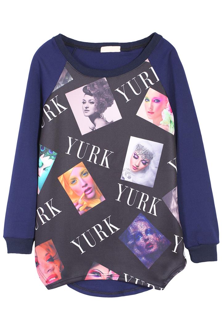 Romwe Beauty Yurk Print Blue Sweatshirt
