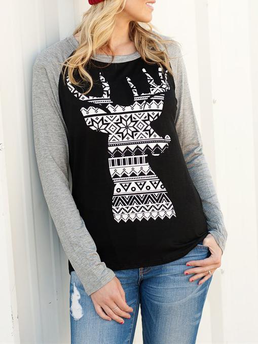 Romwe Raglan Sleeve Deer Print Color-block T-shirt