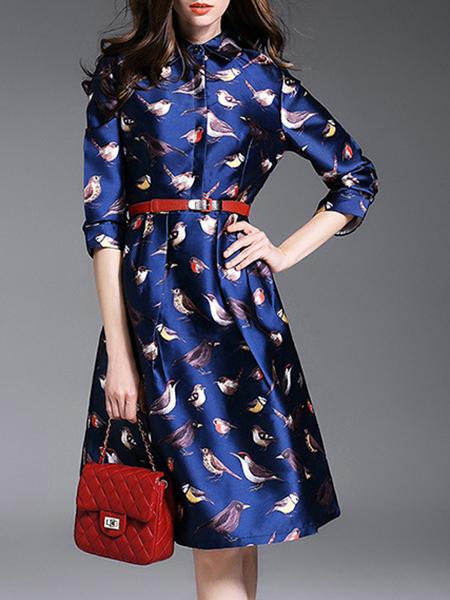 Romwe Blue Lapel Belted Birds Print A-line Dress