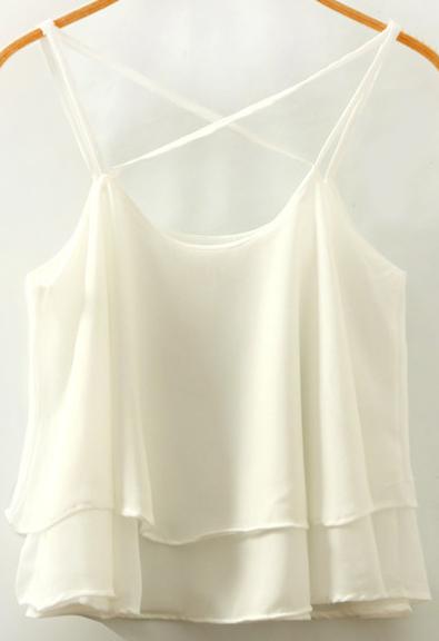 Romwe Spaghetti Strap Double Layels Chiffon White Cami Top