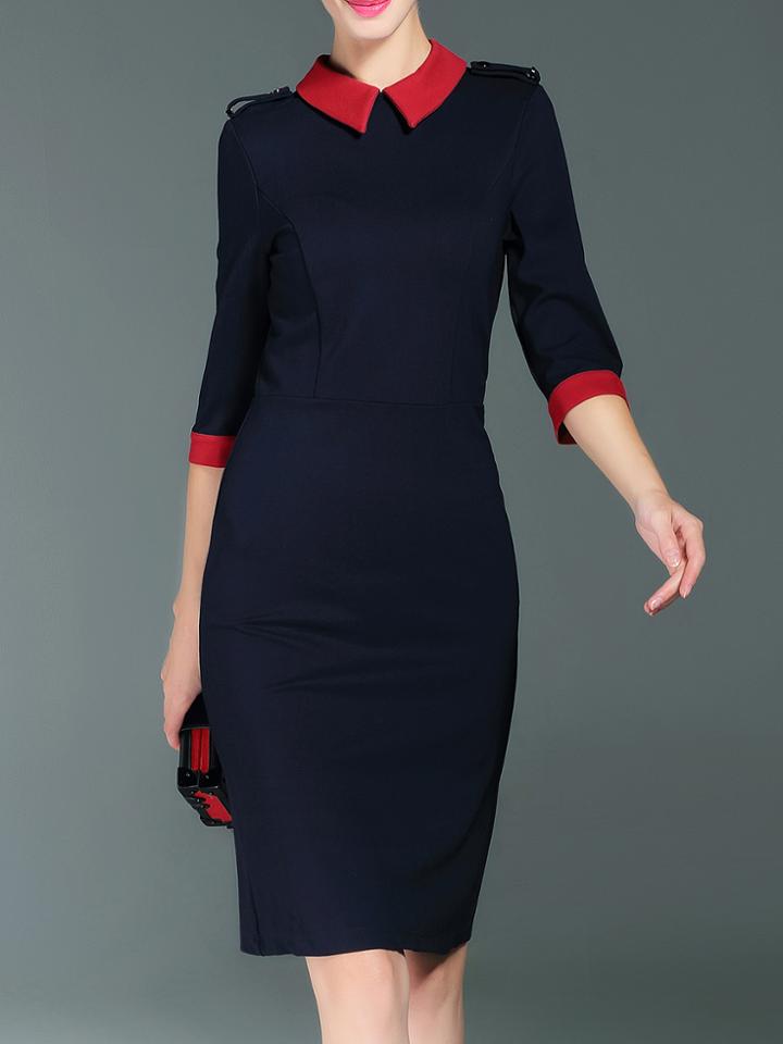 Romwe Navy Contrast Red Lapel Sheath Dress