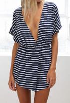 Romwe Navy Deep V Neck Short Sleeve Striped Jumpsuit