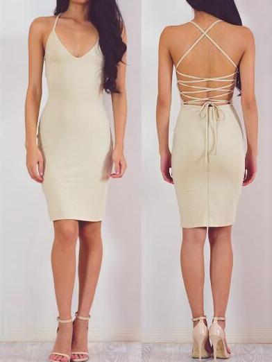 Romwe Apricot Lace Up Cami Sheath Dress