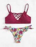 Romwe Flower Print Criss Cross Mix & Match Bikini Set