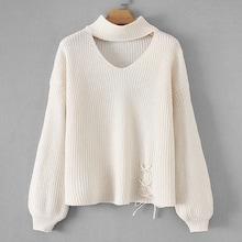 Romwe Drop Shoulder Lace- Up Solid Jumper