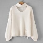 Romwe Drop Shoulder Lace- Up Solid Jumper