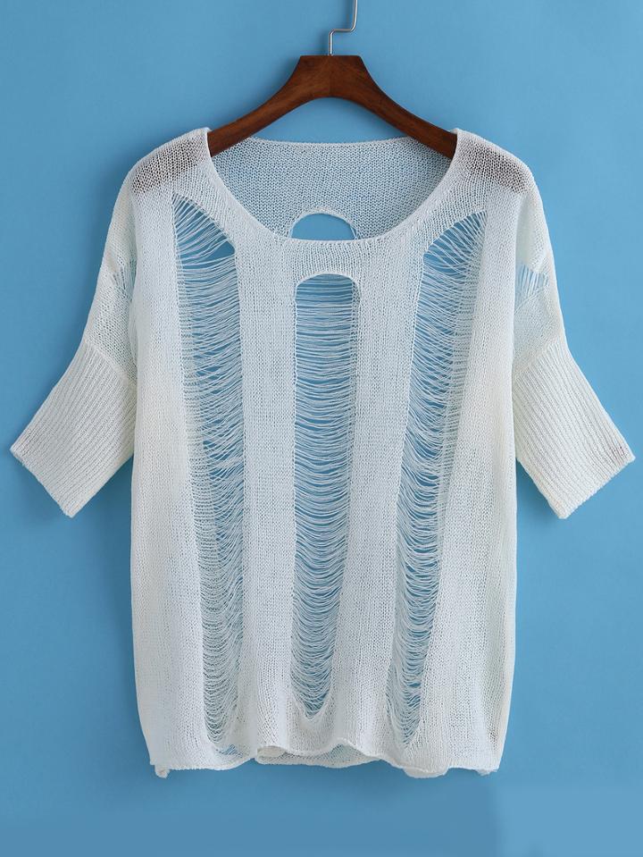 Romwe Ripped Knit White Sweater