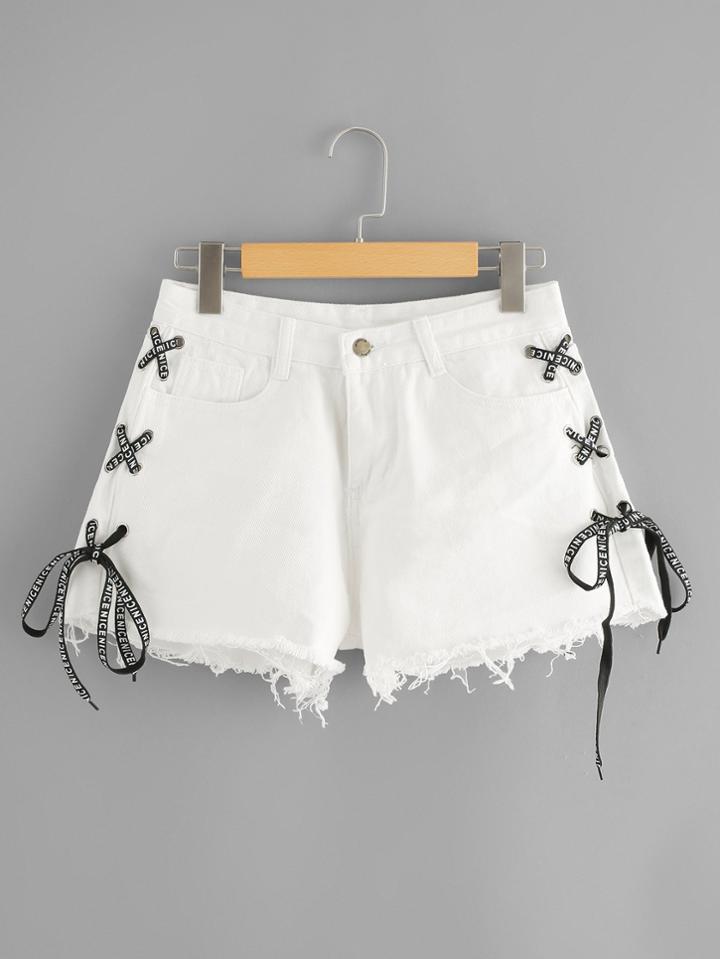 Romwe Lace Up Detail Denim Shorts