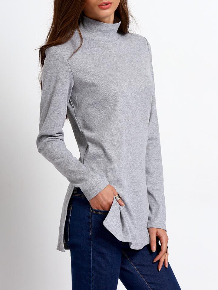 Romwe Grey High Neck Split T-shirt
