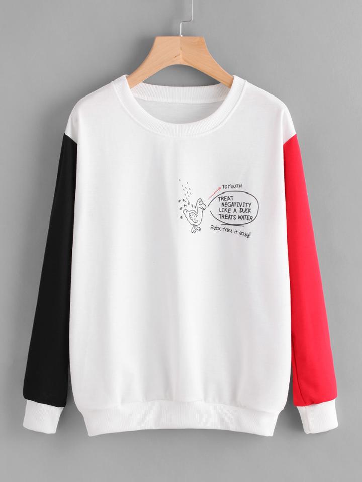Romwe Contrast Sleeve Drawing Print Pullover