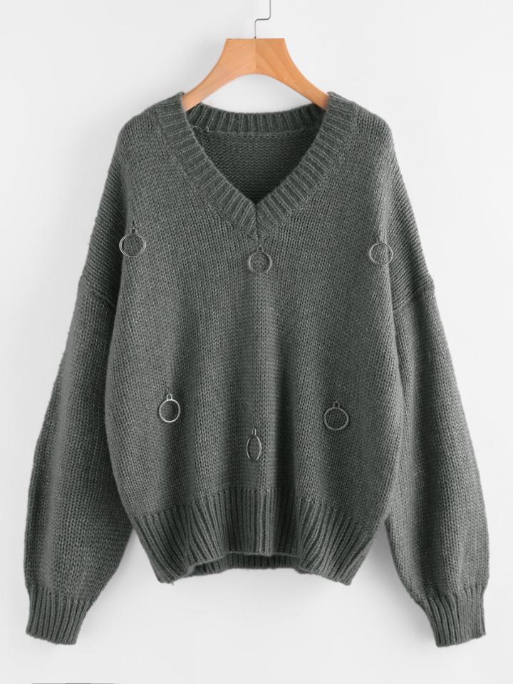 Romwe O-ring Detail Lantern Sleeve Jumper