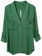 Romwe Green Pockets Cross Back Long Sleeve Blouse