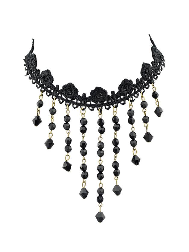 Romwe Black Beads Chain Tassel Chunky Lace Choker Necklaces